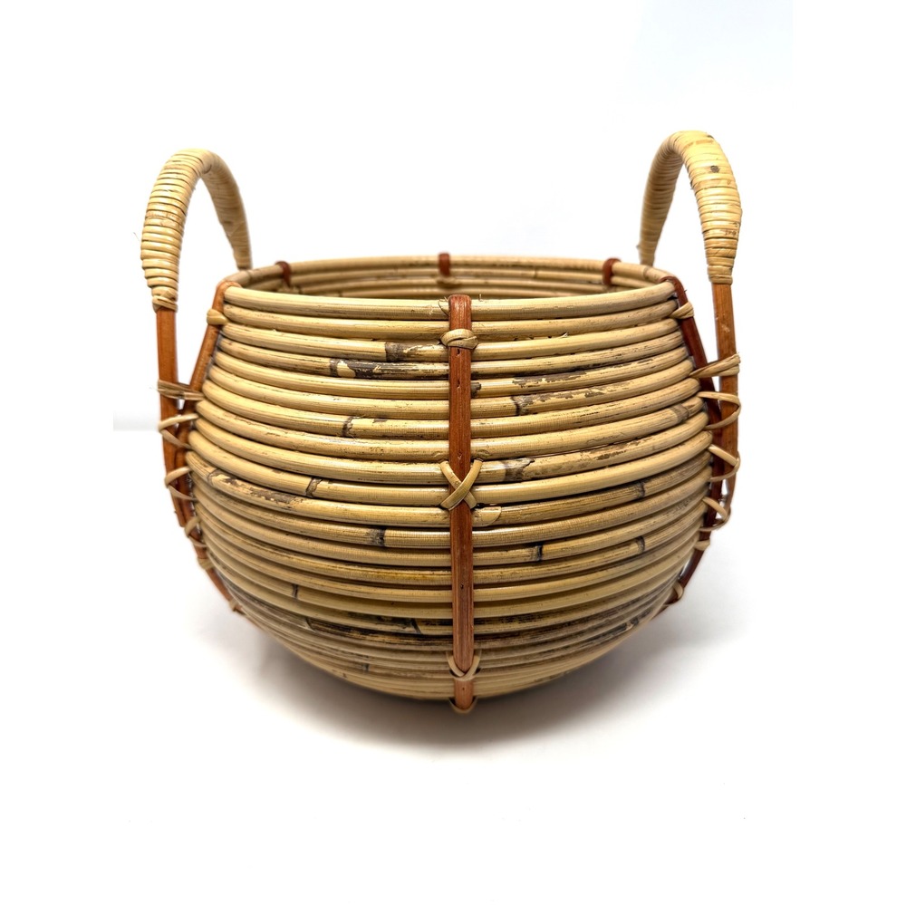Handwoven‎ Coiled Rattan Basket Round Bulbous Boho Storage with Handles